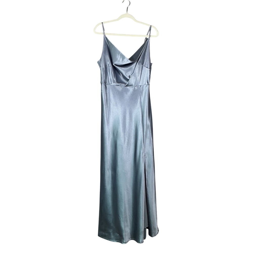 Birdy Grey Dusty Blue Satin Cowl Neck Maxi Dress XL Adjustable Straps Slit